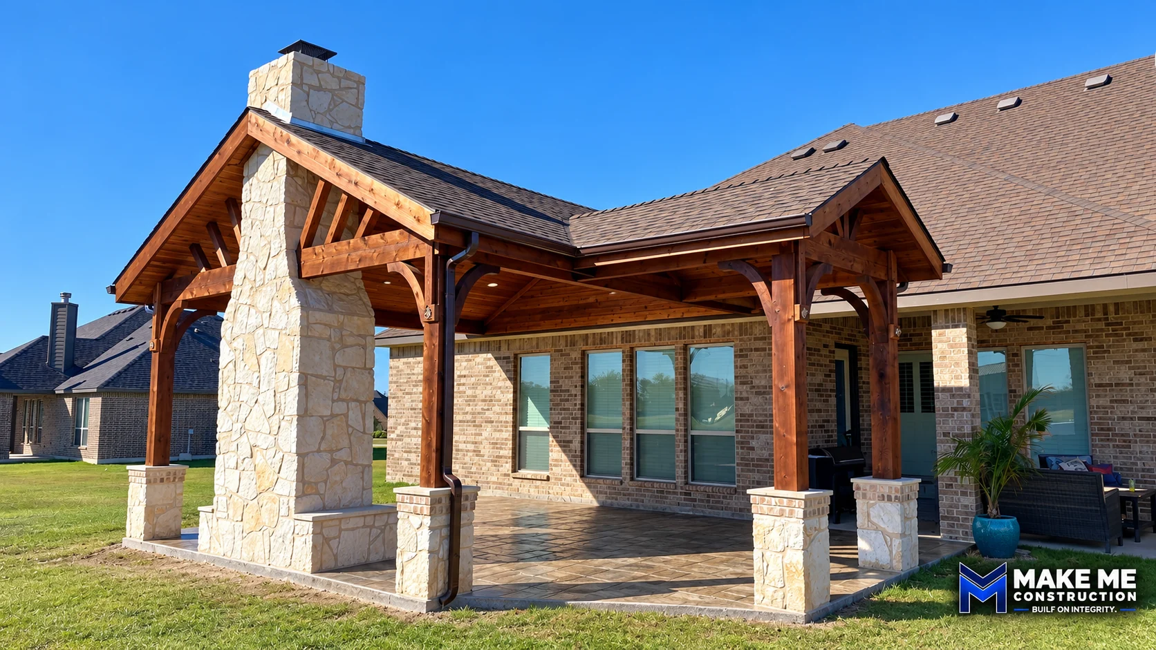 Timber Patio Cover & Stone Fireplace