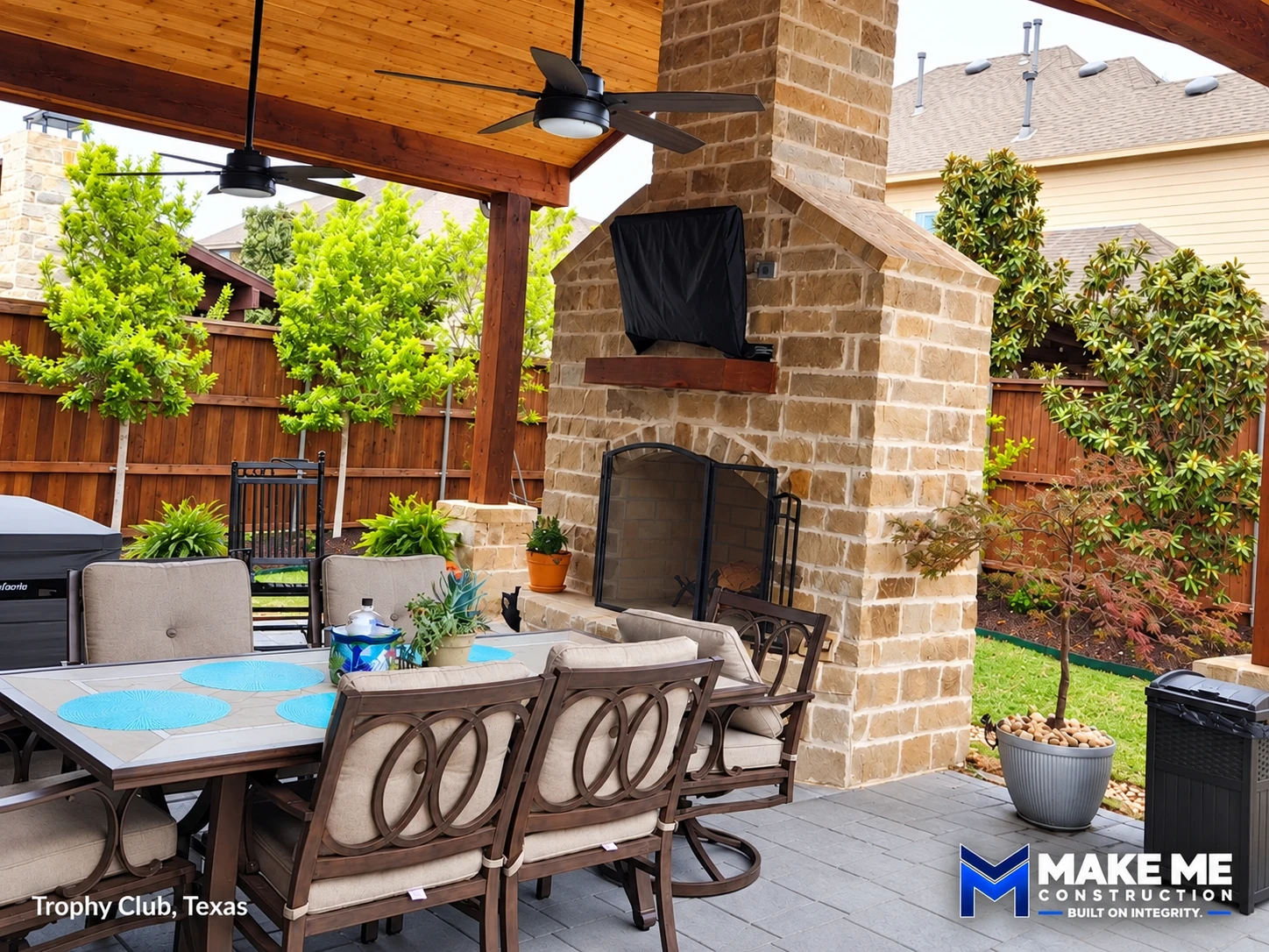 Patio cover and stone fireplace — Trophy Club, Texas
